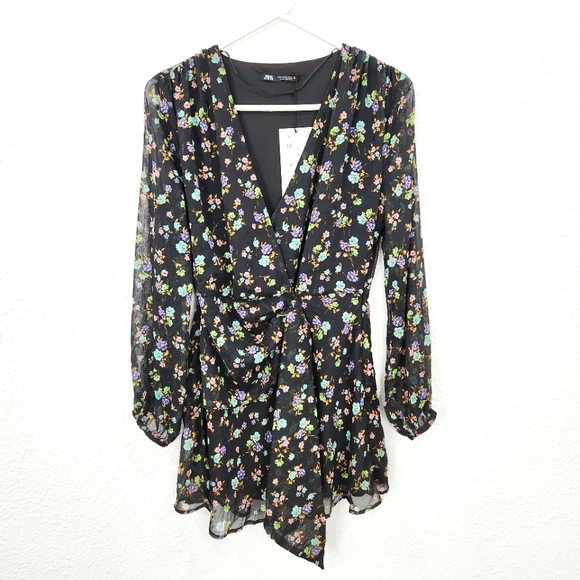 Zara Dresses & Skirts - Zara | NWT Floral Sheer Sleeve V-Neck Dress Black Medium